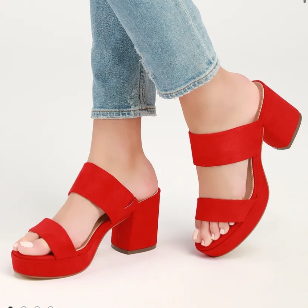 Lulus Clara red suede mules NIB